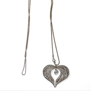 Vintage Sterling Silver 925 Filigree Heart Pendant Necklace Open Ornate 17”